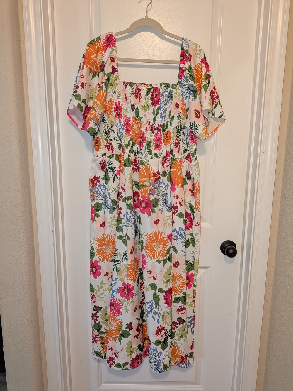 BloomChic White Floral Smocked Midi Dress with Pink & Green Blooms